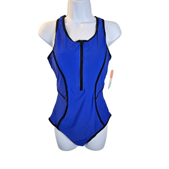 Charmo Womens Blue Athletic Swimsuit Zipper Pockets & UPF 50% Protection Size M - Picture 2 of 10
